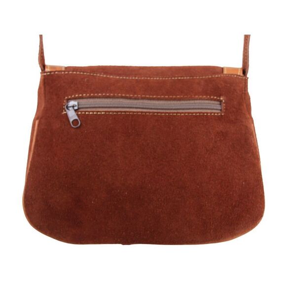 HANDCRAFTED BROWN GENUINE LEATHER SUEDE EMBROIDERY FLAP XBODY PURSE SHOULDER BAG - Picture 6 of 16